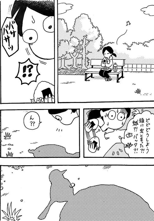 鳥が頭上にとまって驚くエッセイ漫画