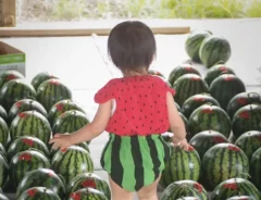 スイカに囲まれたスイカ服の子供の写真