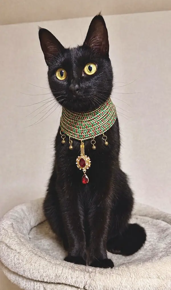 首元にアクセサリーをつけた黒猫の写真