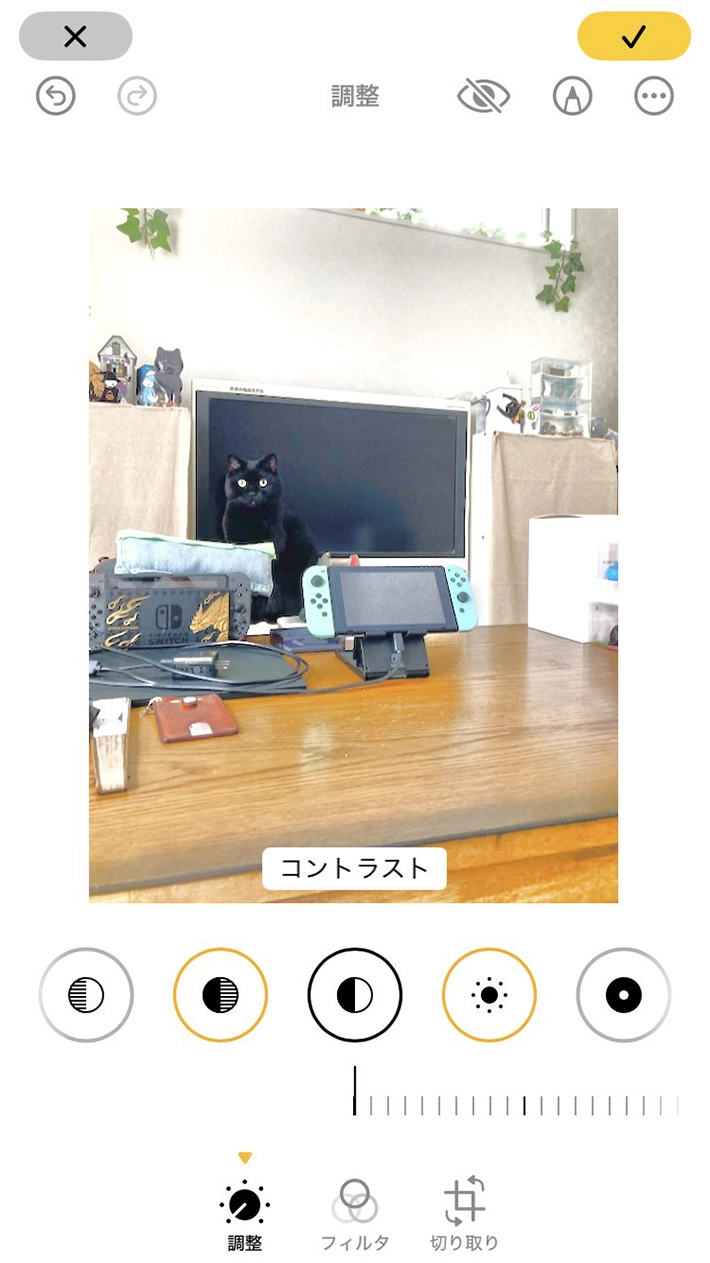 黒猫がテレビの画面前に座っている写真のコントラストを上げた画像