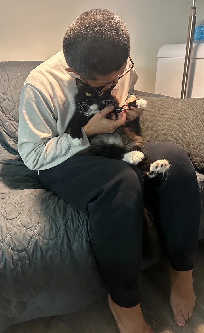 保護猫の爪を切る飼い主の写真